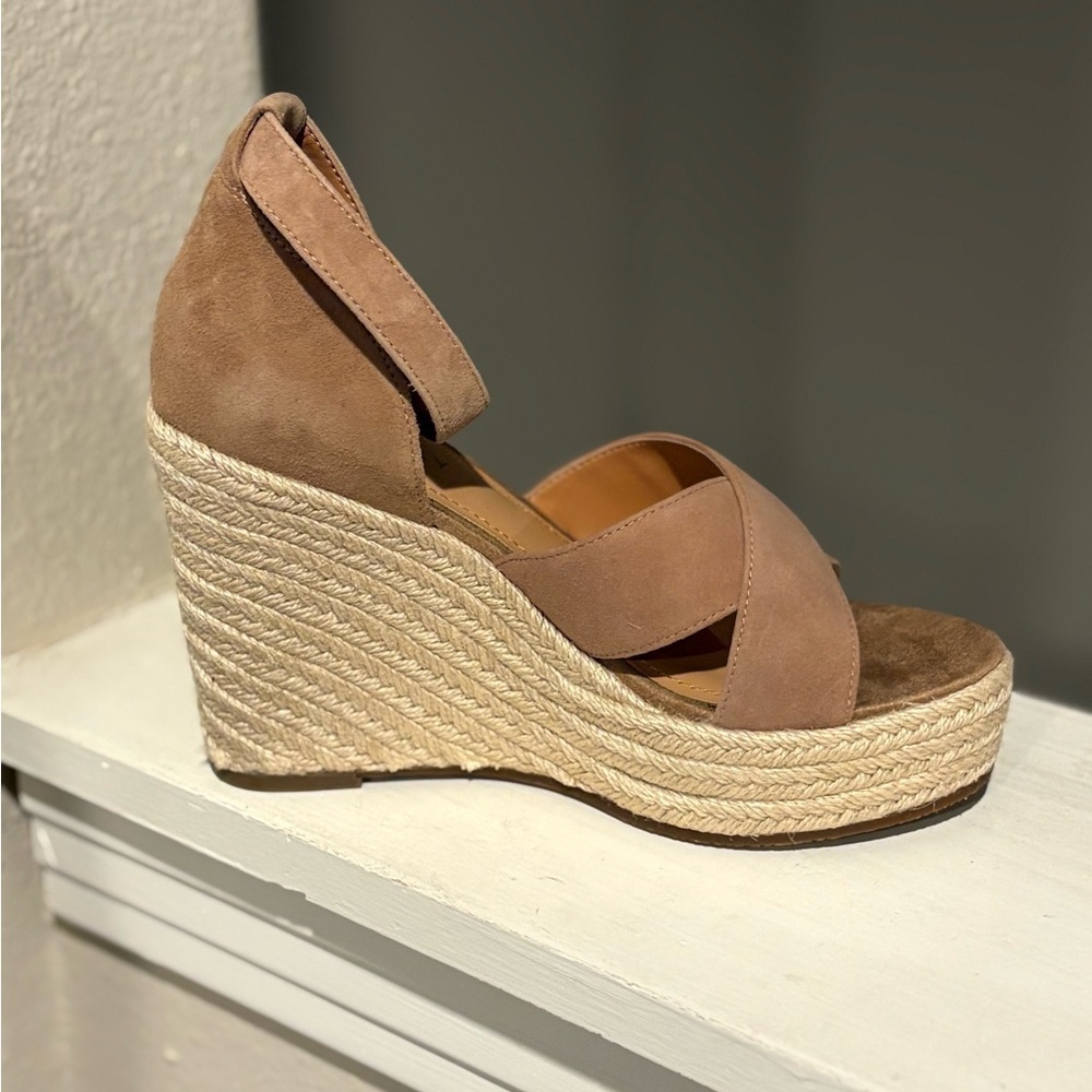 Lisa Vicky Gemi Platform Wedge Sandal Kid Suede Leather Cognac Women's 6 NWB - Picture 4 of 9